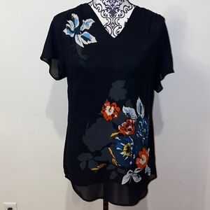 3/$60 CAbi Fiore Black Blouse w Blue & Orange Floral Design Style# 5020 Size XS